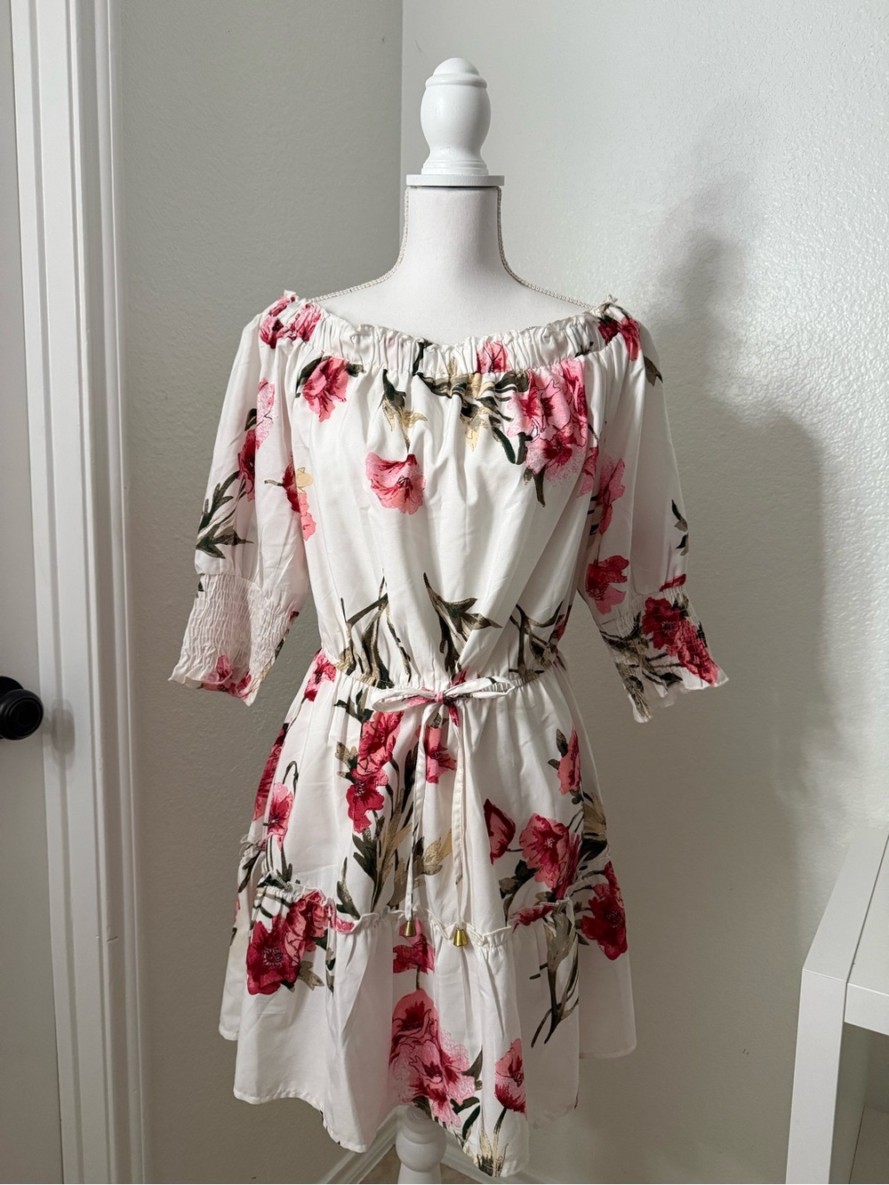 indulge White Pink Floral Tie-Waist Mini Dress (read desc)